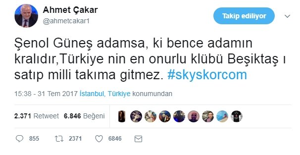 İşte Ahmet Çakar’dan Şenol Güneş tweetleri: