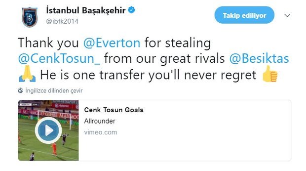 Başakşehir’den Everton’a teşekkür