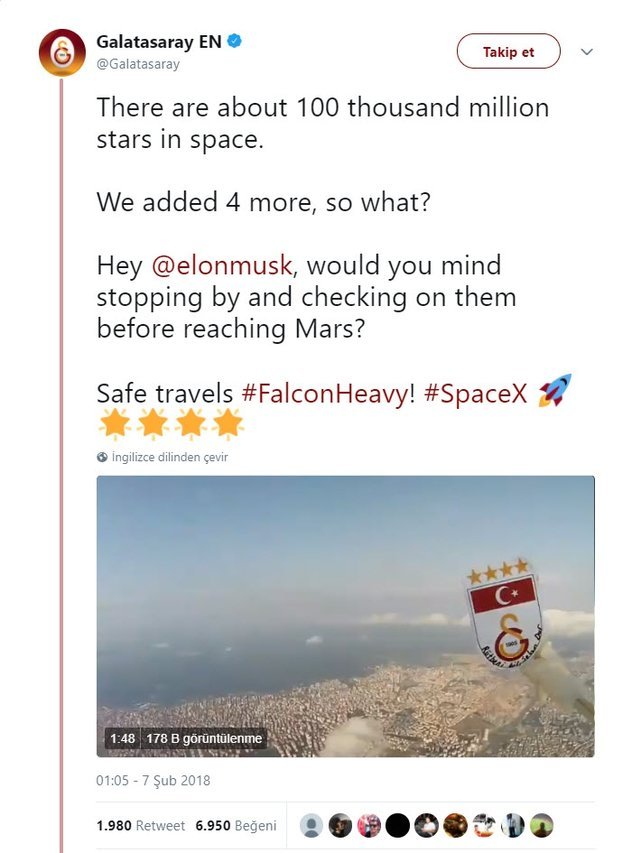 Galatasaray’dan ’Falcon Heavy’ mesajı