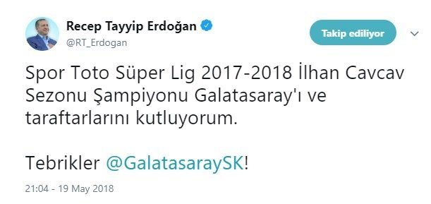 <h2>Cumhurbaşkanı Recep Tayyip Erdoğan’dan Galatasaray’a tebrik.</h2>