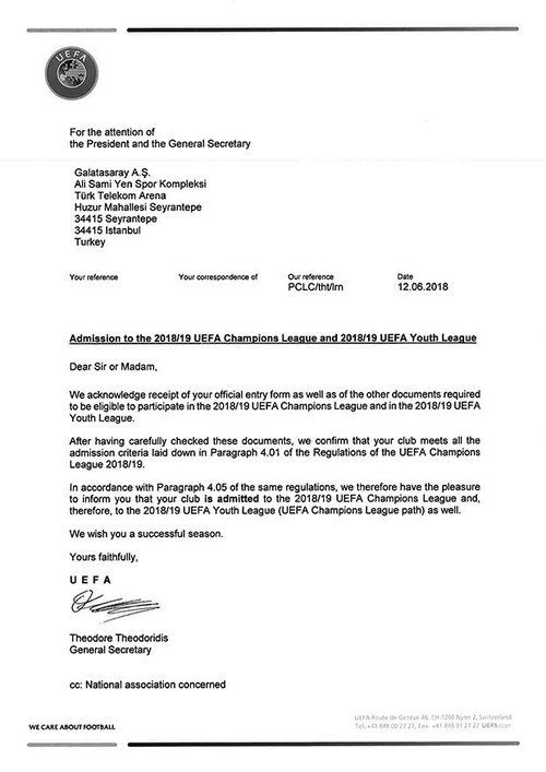 <h2> UEFA’dan Galatasaray’a resmi kabul mektubu</h2>