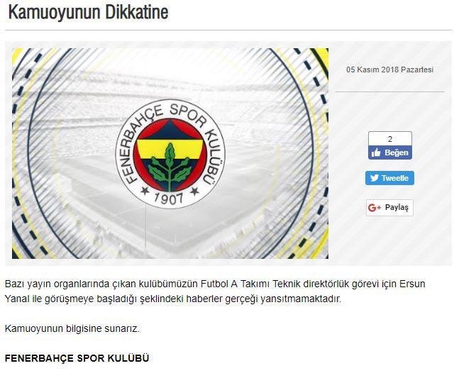 <h2>Fenerbahçe’den Ersun Yanal açıklaması</h2>