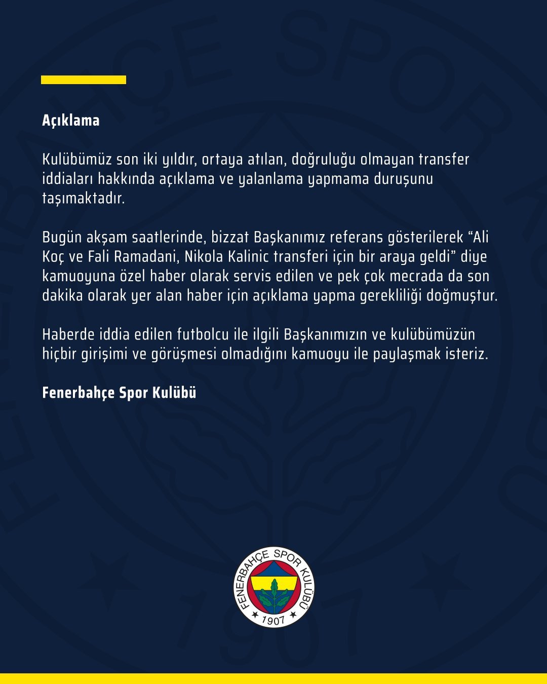 <h2>FENERBAHÇE’DEN KALİNİC AÇIKLAMASI</h2>