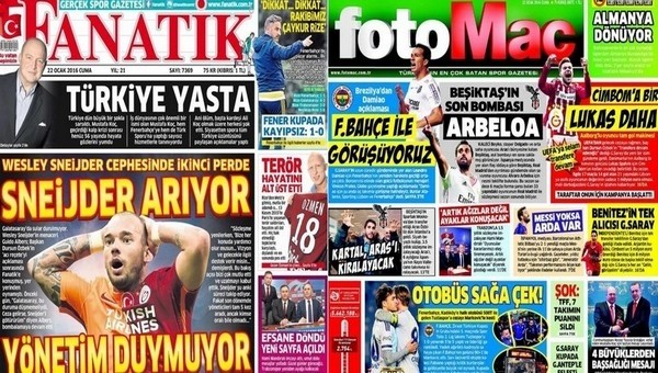 Spor gazeteleri oku - Spor gazete manşetleri (Fanatik, Fotomaç, AMK gazeteleri - 23 Ocak 2016)